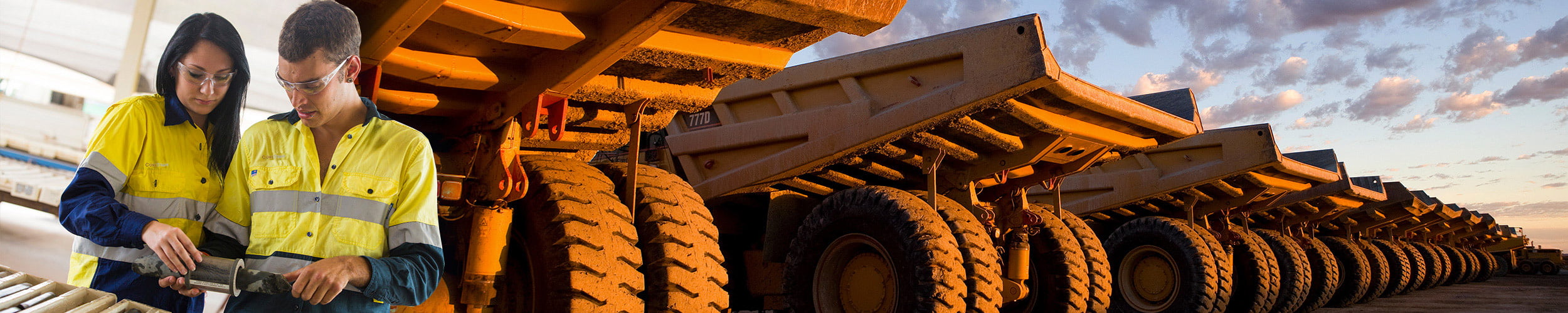 mining industry collage, large dump trucks, labour hire staff in hi vis clothing